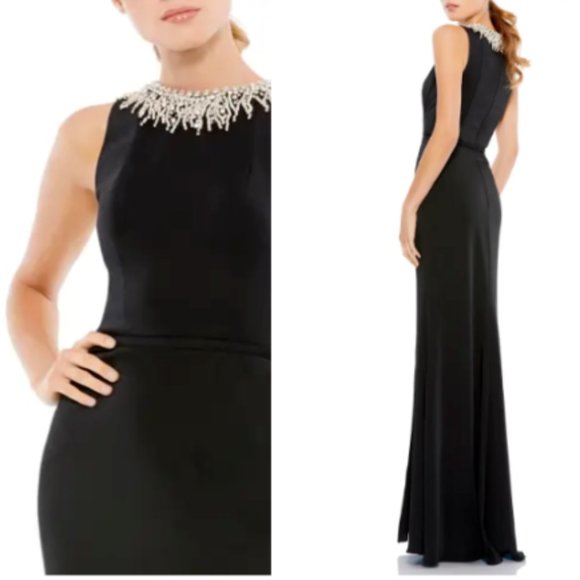 MAC DUGGAL BEADED COLLAR THIGH SLIT BLACK COLUMN GOWN sz 10 - Picture 2 of 5